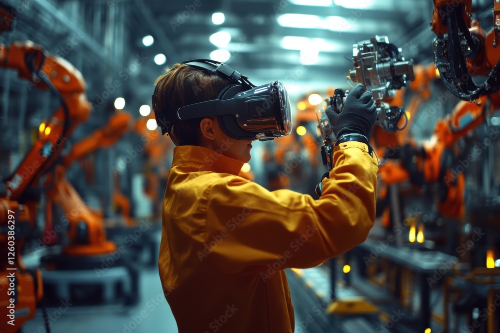 Poster engineer in virtual reality with robots in high-tech manufacturing facility