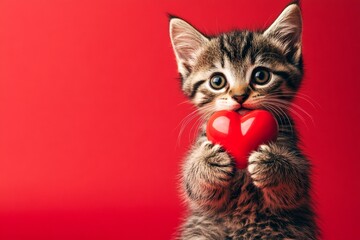 Marketing concept graphic visual design. American curl - my desired cat. Cute american curl baby feline with animal toy red heart - symbol of love, funny greeting card. Animal love.