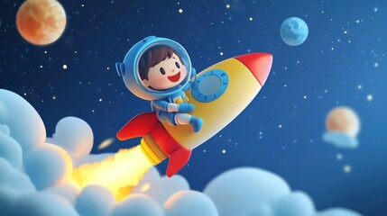 Adorable Astronaut Cartoon Boy on Rocket Flying Through Starry Space