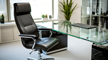 Fototapeta premium A black office chair sits in front of a glass desk. generated using AI