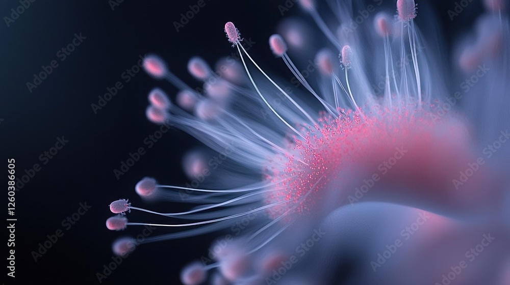 Poster close-up of a pink flower with long, thin white lines radiating outwards from the center. the lines 