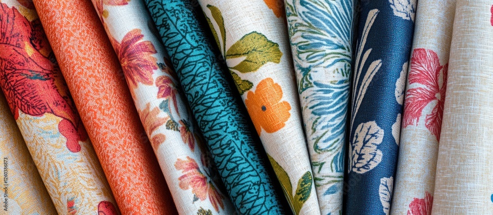 Poster colorful textile fabric showcasing vibrant floral patterns and textures arranged in a visually appea