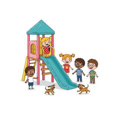 Children Playing on Playground Slide Cartoon Illustration with Dogs Around