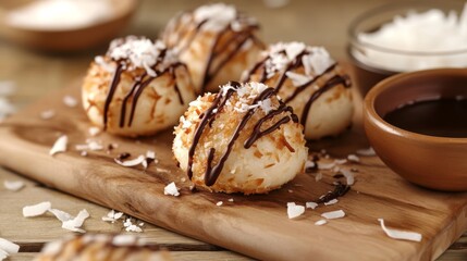 Golden coconut macaroons drizzled with dark chocolate arranged elegantly on a rustic wooden board