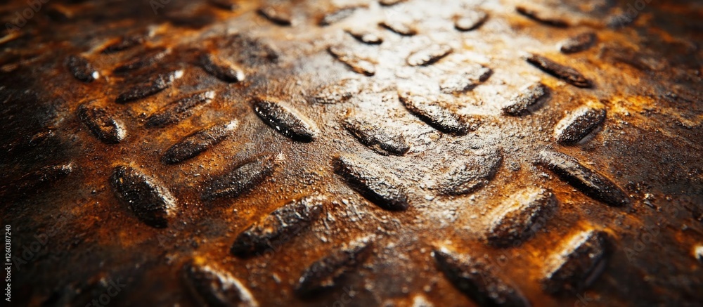 Poster rusty metal surface with industrial texture featuring raised diamond patterns and a weathered appear