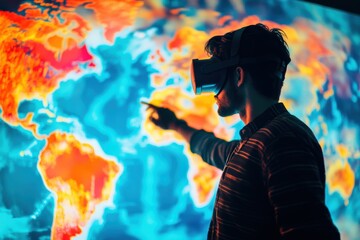Man Using Virtual Reality Headset to Explore Digital World Map
