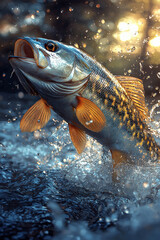 Obraz premium Dynamic leap of a tiger fish through sparkling water at sunset