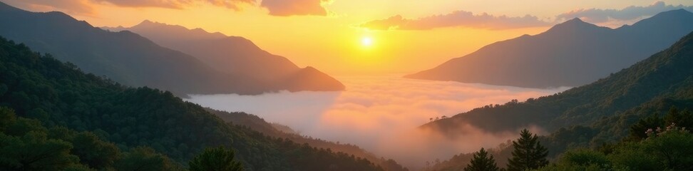 Misty valley below towering mountains with a warm golden light, gold, sunrise, landscape