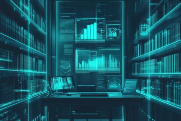 Futuristic Library with Data Visualization and Digital Interface