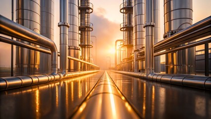Industrial Pipes in Refineries at Sunrise with Golden Light Reflection on Surfaces