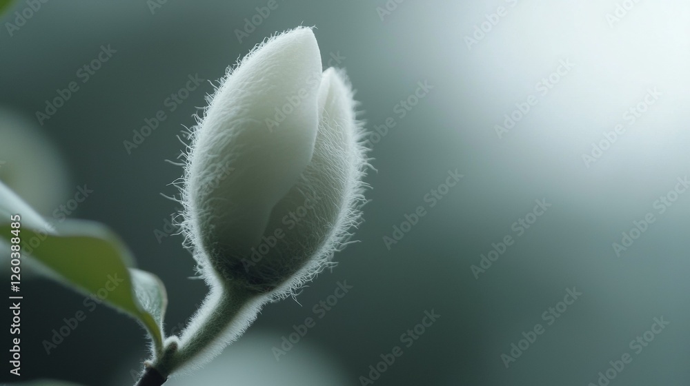 Aufkleber close-up of a single white flower bud on a branch. the bud is in the center of the image and is slig