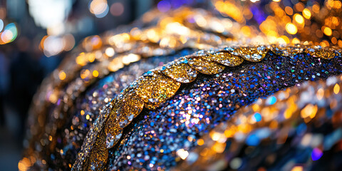 Gold and Blue Sequined Fabric with Bokeh Background