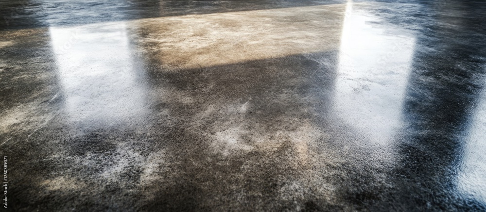 Poster polished gray concrete floor showing intricate textures and patterns reflecting light in a modern in