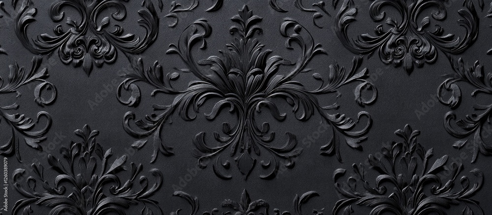 Poster elegant black textured background with intricate floral relief pattern for diverse design and brandi