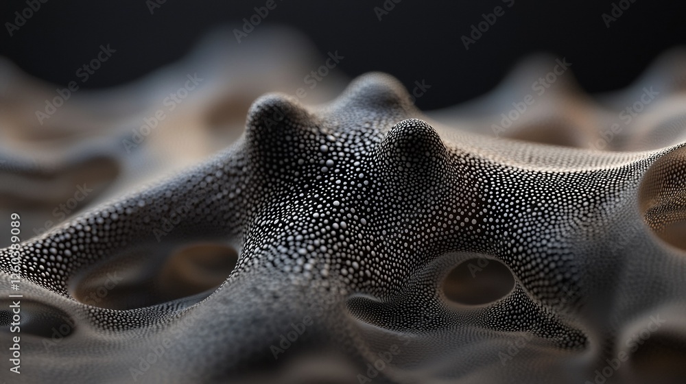 Poster close-up of a starfish-like structure. the starfish has a dark grey color with small white dots scat