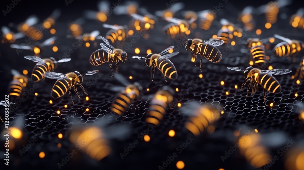 Poster group of bees flying around a honeycomb. the honeycomb is made up of hexagonal cells, each with a he