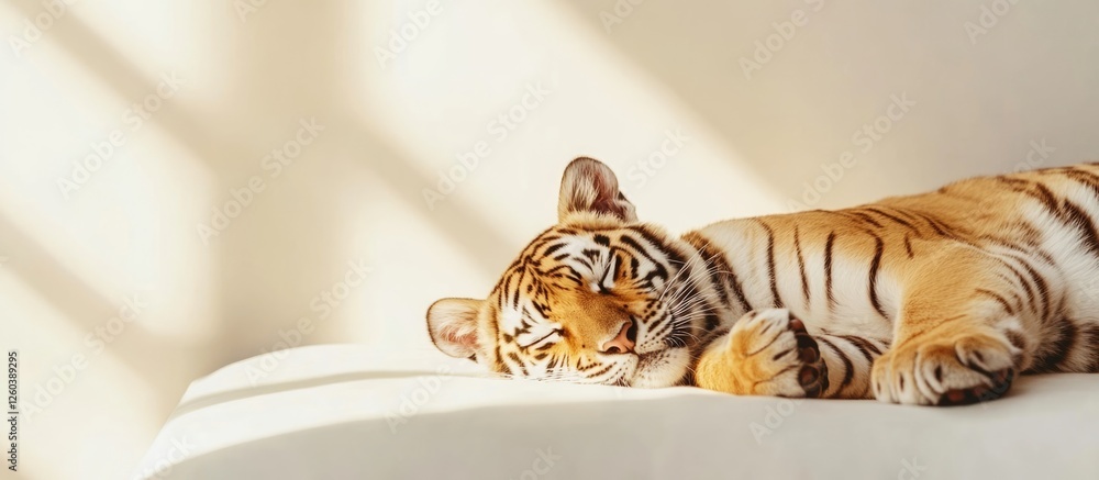 Poster resting tiger in morning sunlight symbolizing vitality and peace with soft shadows creating a serene