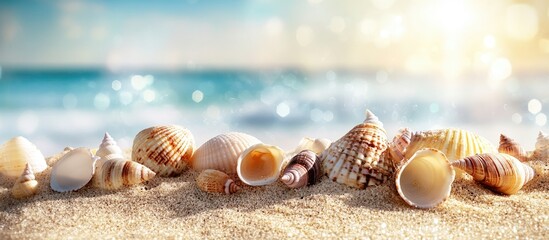 Collection of colorful seashells on sunlit beach sand with ocean and gentle waves in the background, evoking a tranquil summer vibe.