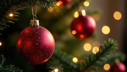 Obraz premium Ornaments on a Christmas tree reflect the light of twinkling fairy lights, glass, christmas tree