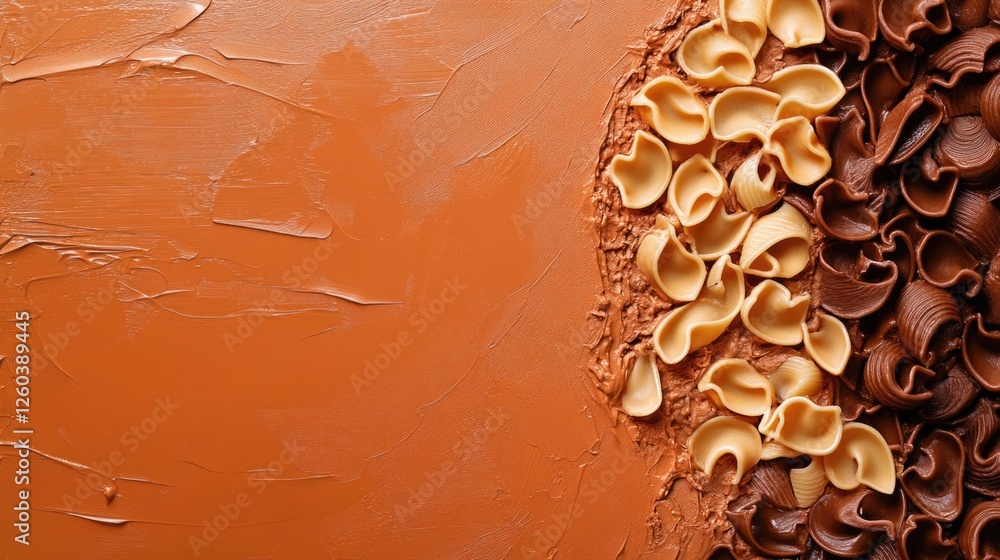Aufkleber artistic terracotta canvas featuring cooked and uncooked pasta shapes with empty copyspace for text 