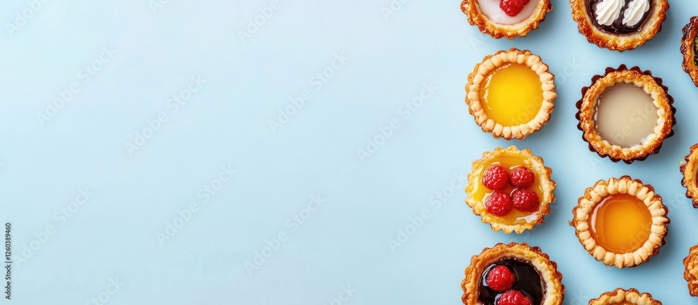 Poster assorted delicious tarts on a light blue background with ample empty space for text or promotional c