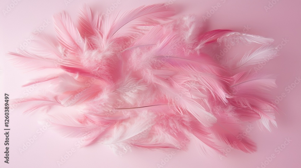 Poster close-up of a bunch of pink feathers on a pink background. the feathers are arranged in a scattered 