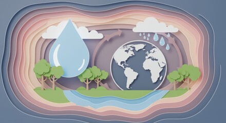 Naklejka premium A creative 3D paper-cut style illustration depicting Earth water cycle and a stylized earth with trees and a flowing river with a large droplet falling from the sky