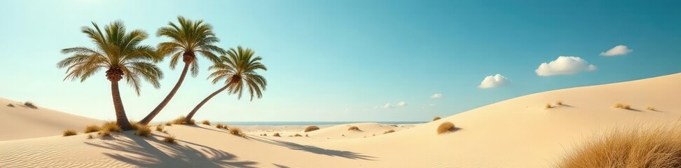 Obraz premium Palm trees swaying in the wind amidst the dunes, nature's serenity, natural wonder, swaying palm trees