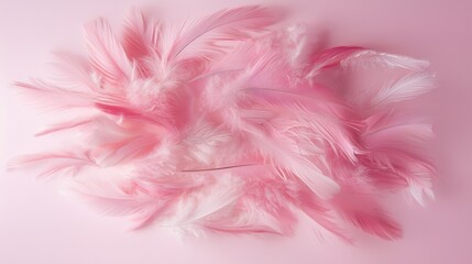 Close-up of a bunch of pink feathers on a pink background. the feathers are arranged in a scattered manner, with some overlapping each other.