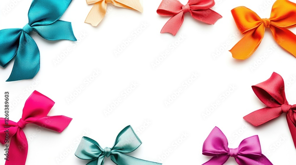 Poster colorful satin bows arranged on a white background creating a frame with space for text or branding 