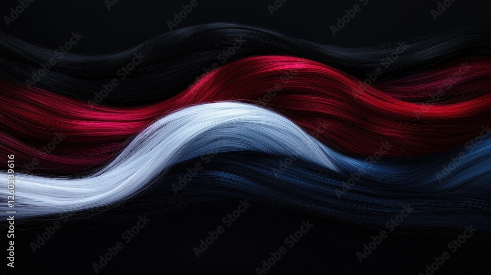 Poster abstract digital art piece with a black background. it features three wavy lines in different colors