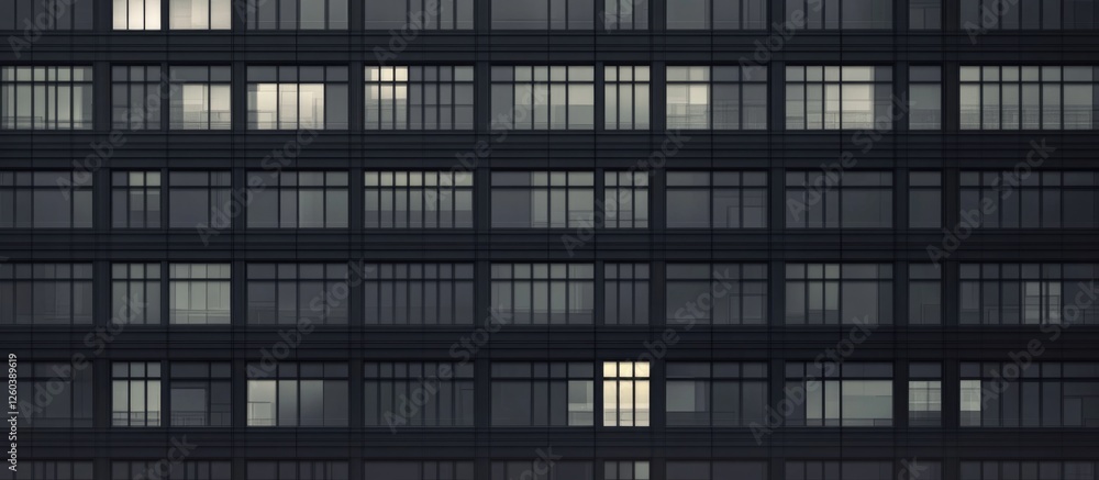 Poster modern skyscraper facade featuring a grid of dark rectangular windows, ideal for text overlay and ur