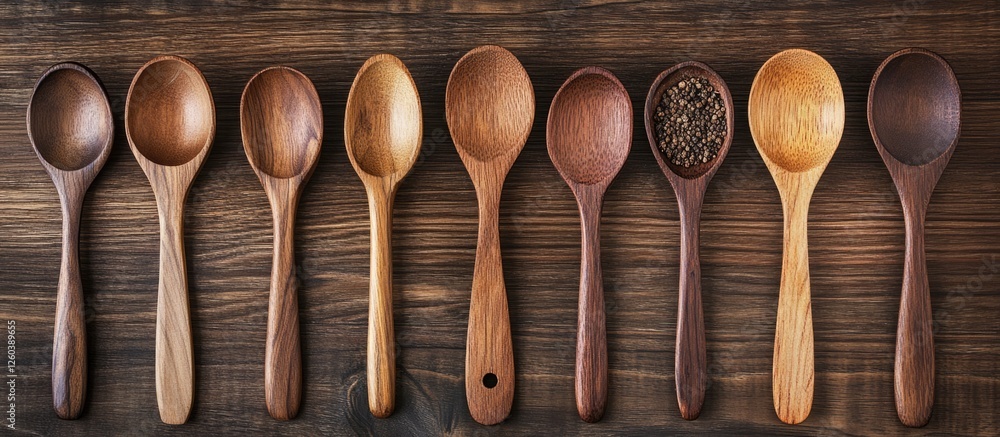 Poster wooden spoons arranged on a wooden surface with assorted spices and a blank space for text in a rust