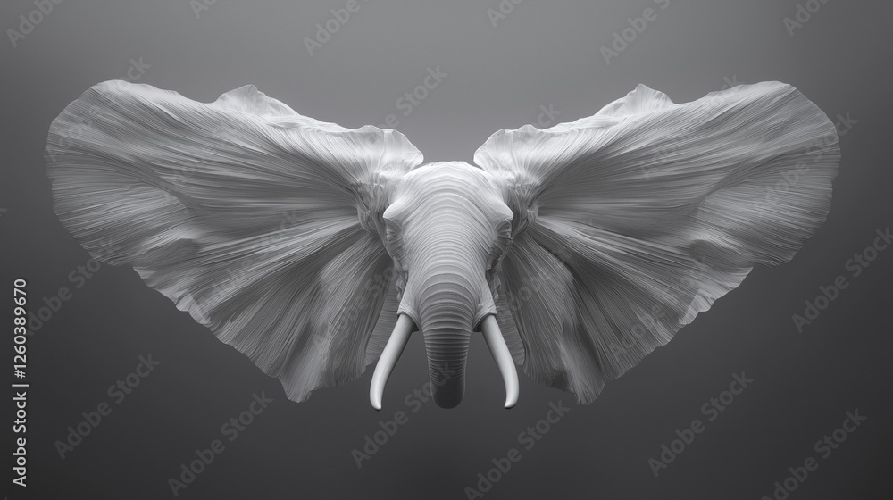 Poster 3d rendering of an elephant's head and trunk. the elephant's body is in the center of the image, wit