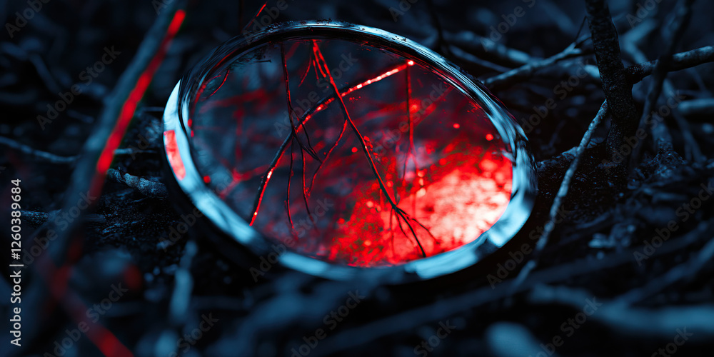 Poster metallic object with red internal light source in soil