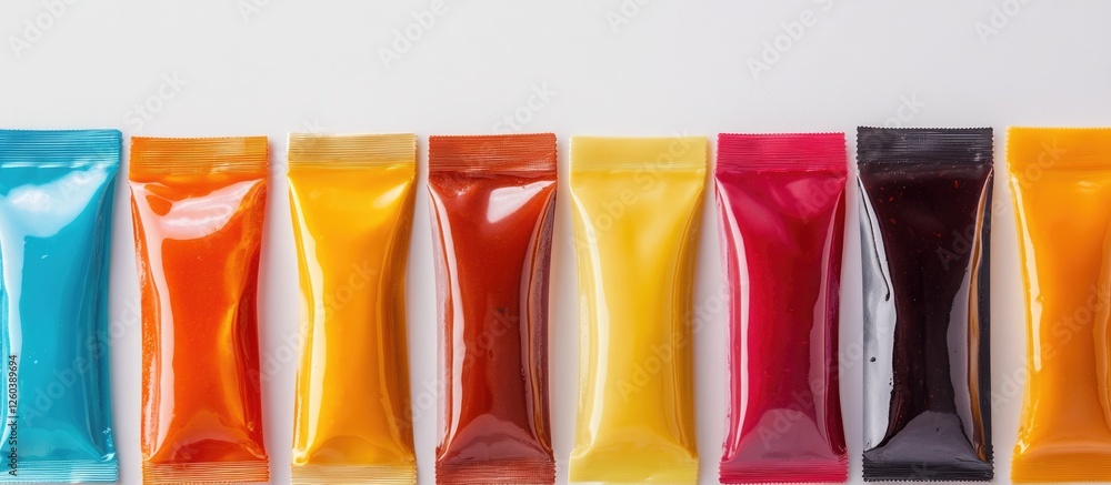 Poster colorful sauce packets arranged on a clean surface with empty space for text in a food and drink the
