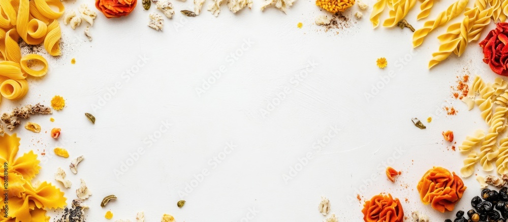 Poster assorted colorful pasta varieties on white background with ample copy space for culinary text or rec
