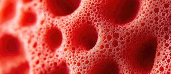 Red sponge texture macro image highlighting intricate bubble patterns and organic shapes ideal for backgrounds and design elements.