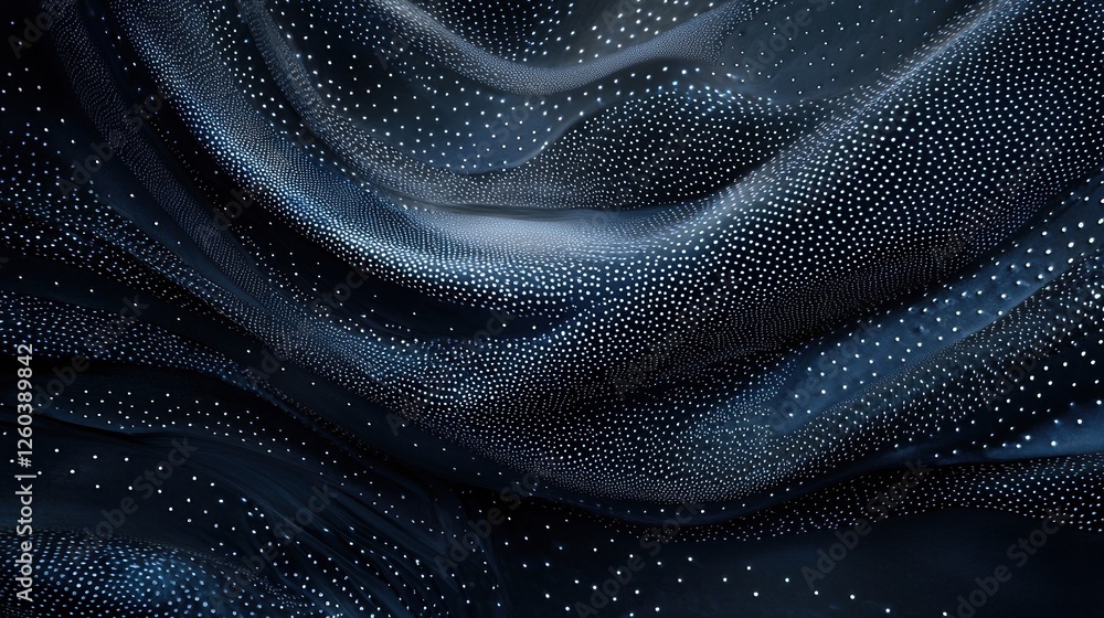 Poster abstract digital art piece that appears to be made up of small white dots scattered across a dark bl