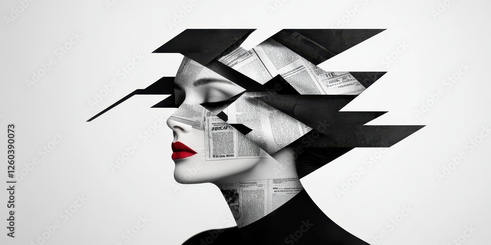 Poster surreal portrait made of newspaper artistic exploration studio setting abstract concept profile view