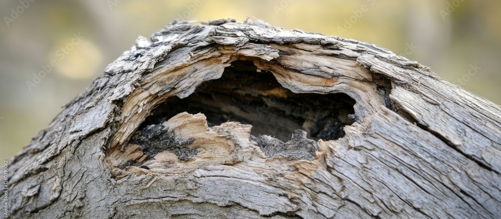 Poster close-up of weathered broken tree trunk showcasing intricate textures and natural decay in a forest 