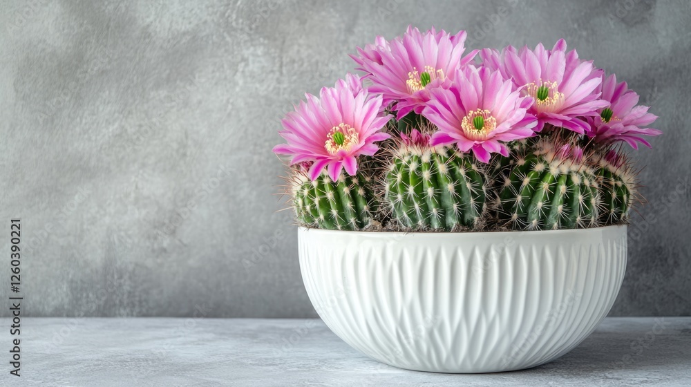 Poster vibrant pink flowers on cactus in elegant white planter with soft gray background and space for text