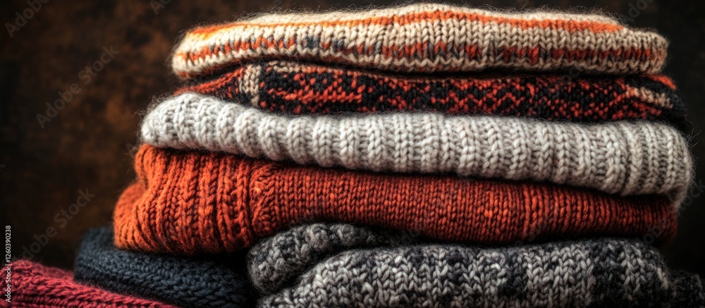 Poster cozy stack of knitted sweaters displaying various textures and colors on a dark brown background for