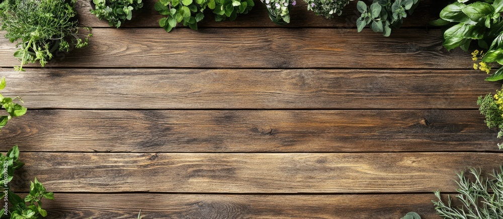 Poster fresh aromatic herbs arranged on a rustic wooden table in a gardening workspace with ample empty spa