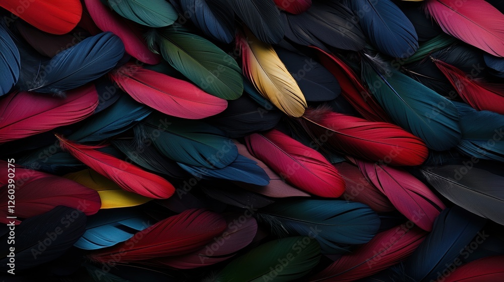 Poster close-up of a group of colorful feathers. the feathers are arranged in a scattered manner, with some