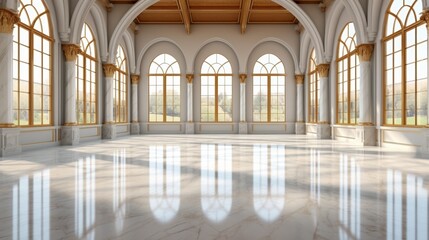 Elegant Large Room with Marble Flooring and Grand Windows Illuminated by Natural Light in a Luxurious Architectural Setting, Grand Hall of a Gilded Palace