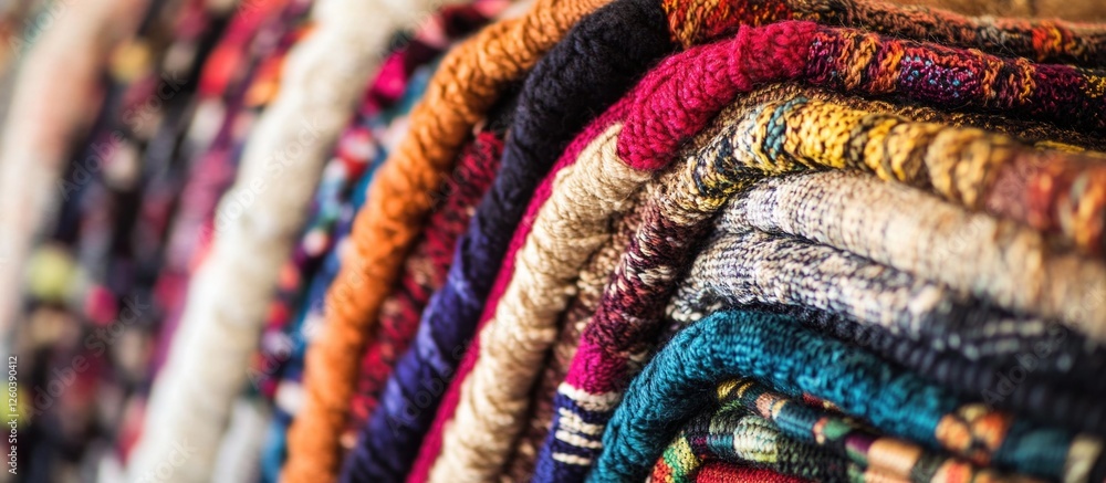Poster vibrant textile display showcasing various fabric textures and colors in a beautifully arranged stac