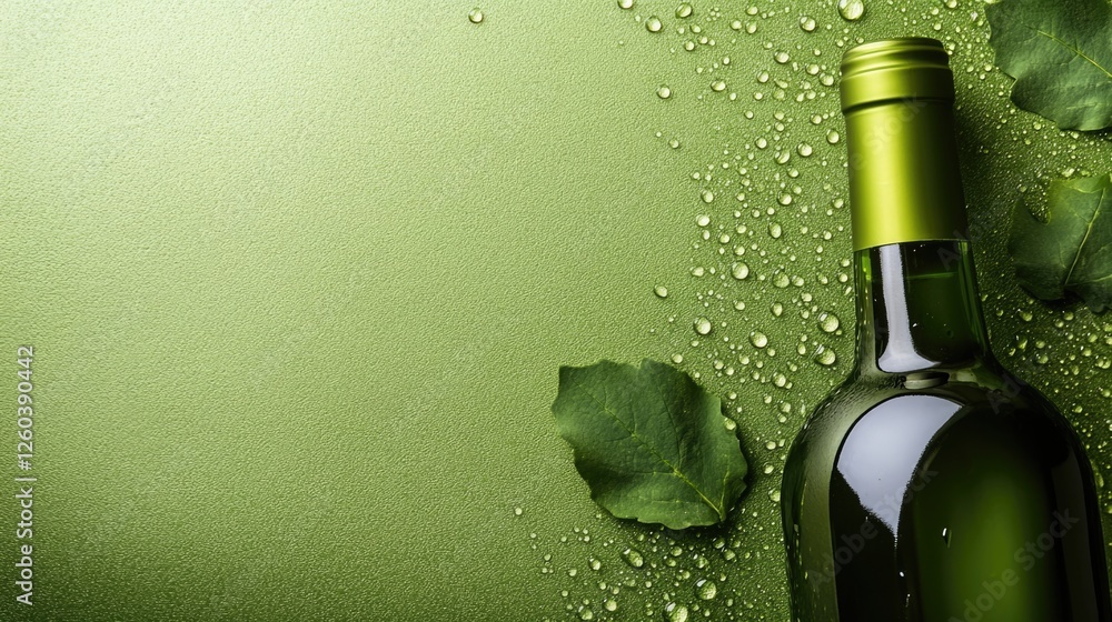 Poster thick foam layer on green wine bottle with droplets and leaves creating empty space for text or bran