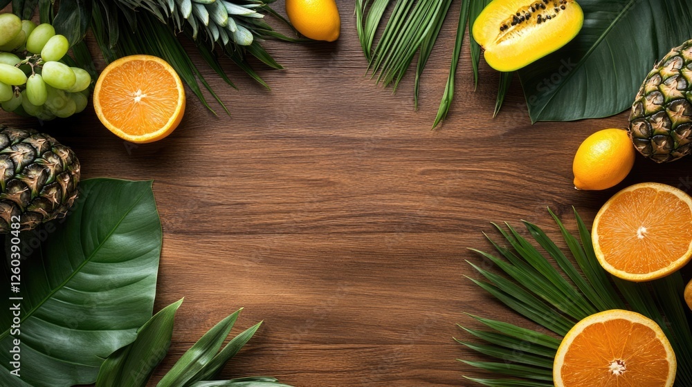 Poster arrangement of fresh fruits and vegetables on wooden table surrounded by leaves with empty space for