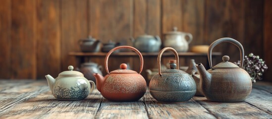 Artisan Teapot Arrangement on Rustic Wooden Surface Showcasing Traditional Craftsmanship and Warm Natural Background